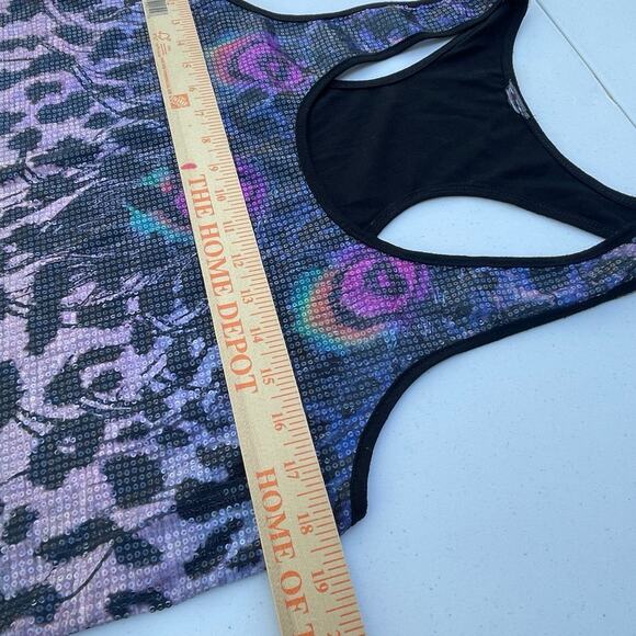 Y2K 00s Sequined Peacock animal Festival Sparkly Iridescent Racerback Tank M/L - Picture 7 of 11